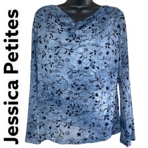 Jessica Petites Blue/Black Floral Print Long Sleeve Blouse Size L